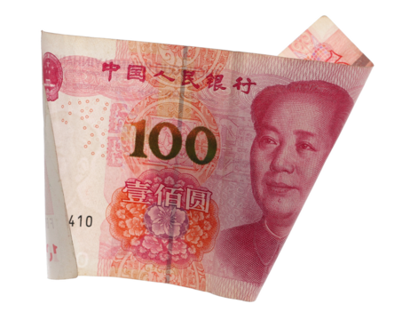 Hundred yuan bill fly, Chinese money, rmb isolated on white, clipping path
