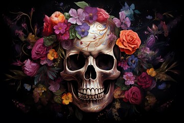 Human skull adorned with a vibrant mix of flowers in full bloom. Dark aesthetic with a touch of nature. Day of the Dead celebration. Perfect gothic posters, wallpapers, or banners