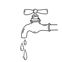 Water tap with drops vector icon in doodle style. Symbol in simple design. Cartoon object hand drawn isolated on white background.