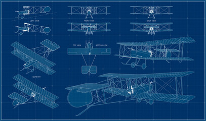 Double bomber of the First World War. British biplane of the beginning of the last century. Blueprint of a F.B.5 aircraft. Drawing with projections, isometry and perspective.