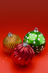 Merry Christmas greeting 3d illustration with Christmas ball. Template background. Space for text. 