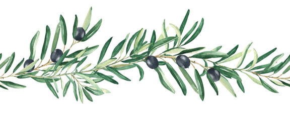 Horizontal olive branch watercolor seamless border pattern. Black olives. Hand drawn botanical illustration. Can be used for fabric, kitchen textile, packaging prints, frames, adhesive tape and paper - obrazy, fototapety, plakaty