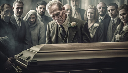 Grandpa mourns beside coffin, tears and sorrow in farewell generative ai - obrazy, fototapety, plakaty