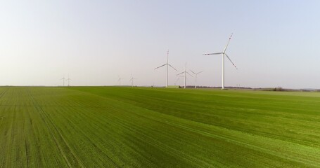 Aerial wiev of windmills farm. Power Energy Production