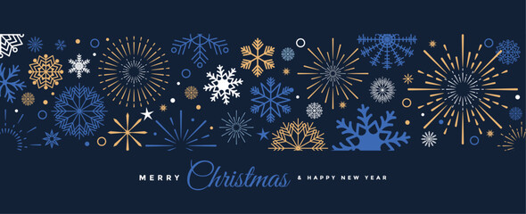 Merry Christmas and Happy New Year festive design with border made of beautiful snoflakes in modern line art style. Winter dark blue background with falling snow. Xmas decoration. Vector illustration. - obrazy, fototapety, plakaty