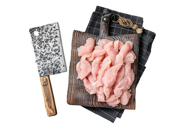 Fresh Raw turkey breast meat slices on a butcher board.  Transparent background. Isolated. - obrazy, fototapety, plakaty