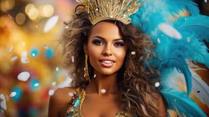 beautiful young Brazilian girl at a carnival in Brazil, fancy dress, outfit, masquerade, feathers, rhinestones, woman, makeup, portrait, smiling face, joy, happiness, dancing, sparkles, sequins