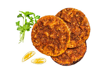 Traditional Turkish lahmacun with mince meat.  Transparent background. Isolated.