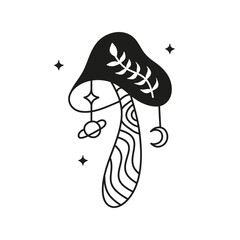 Magical boho mushroom with planet, crescent moon and leafy twig.