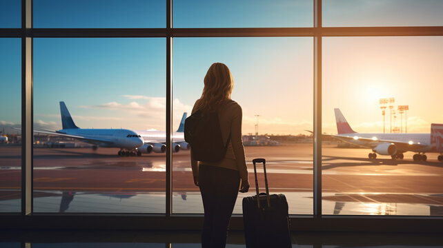 young woman traveler at the airport with luggage