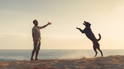 copy space, stockphoto, attractive young black man playing with his dog on the beach Quality time with dog and his owner. Black man playing outdoors. Love and frienship between man and dog, animal.