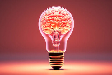 Illuminating Ideas Glowing Brain Inside Light Bulb, Symbolizing Creativity and Innovation on a Vibrant Pink Background. Baby is Surprised and excited. created with Generative AI