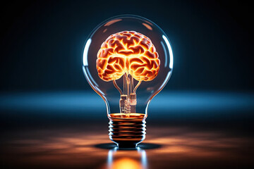 Brilliance Unveiled Radiant Brain Illuminating a Light Bulb Against a Dark Background, Symbolizing Insight and Creativity in Shadows. created with Generative AI