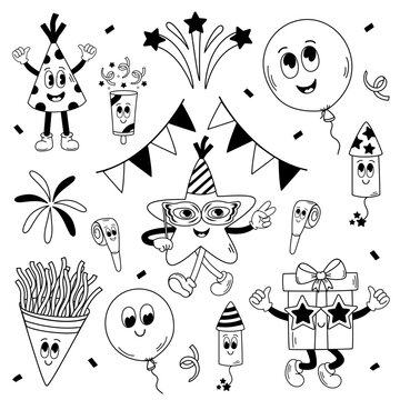 set of isolated outline  groovy retro party elements