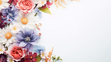 Mockup. Brightly colored flowers on white background. Top view. Copy space. Pink, blue, pastel colours. 