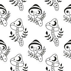 Seamless pattern with boho mushrooms, moon and leafy twigs.