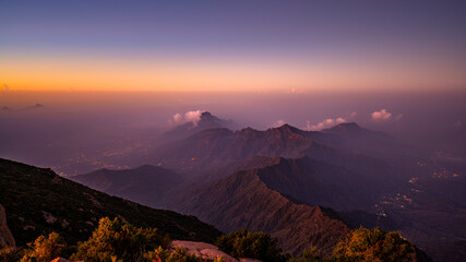 Dramatic and picturesque mountain landscape. Sunrise from Jabal Mareer. The Sarawat Mountains,...