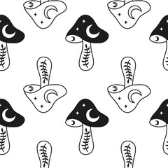 Seamless pattern with boho mushrooms, moon and leafy twigs.