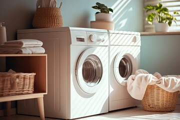 Efficiency in Every Load Bright and Functional Laundry Room Interior with Washing Machine, Clothes Dryer, and Organized Storage for Detergents and Laundry Essentials. created with Generative AI