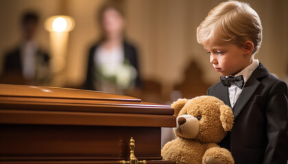 Young child's poignant grief at a funeral, clutching a teddy bear.generative ai