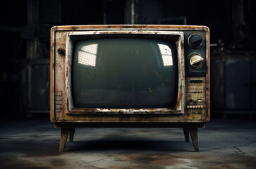 Shabby retro TV with legs in a dark room with light reflections on the screen