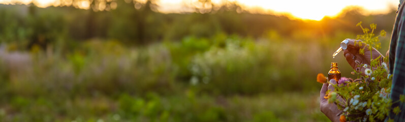 A man collects medicinal herbs in a field. Selective focus.