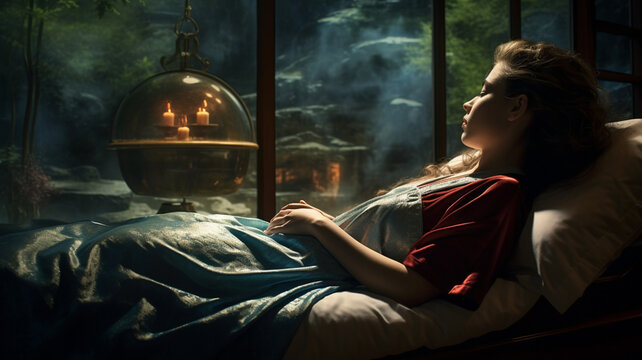 Young Woman In Bed At Night In The Evening