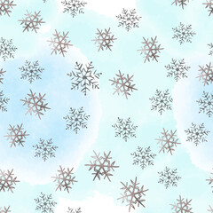 Silver snowflake watercolor blue seamless pattern for textile or wallpapers Vector background for Christmas design