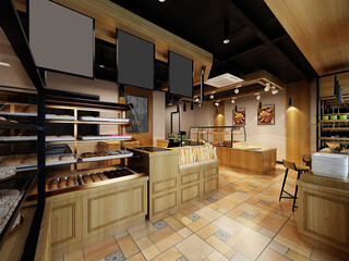 modern bakery cafe house interior, 3d rendering - obrazy, fototapety, plakaty