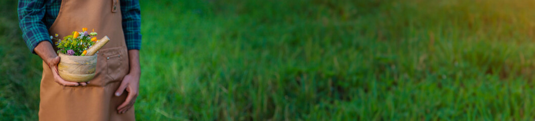 A man collects medicinal herbs in a field. Selective focus.