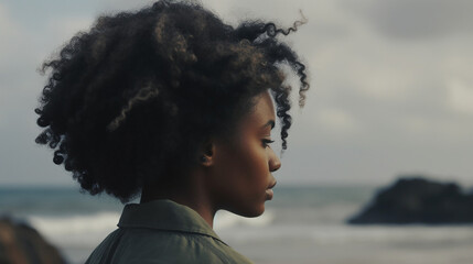Young black woman with afro hair is watching the sea while she's thinking 