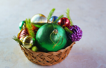 Christmas tree toys in a basket
