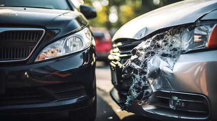 Des voitures après un accident de la route avec un pare-brise cassé et un capot endommagé. - obrazy, fototapety, plakaty