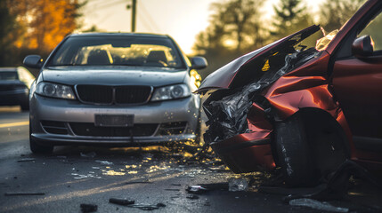 Deux voitures impliquées dans un accident de la route et présentant des dommages importants. Au sol, des débris de verre. - obrazy, fototapety, plakaty