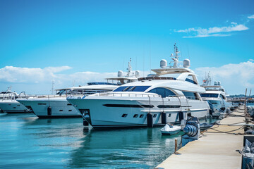 View of boats and yachts moored in marina. Modern yacht moored in a harbor - obrazy, fototapety, plakaty