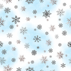 Silver snowflake watercolor blue seamless pattern for textile or wallpapers Vector background for Christmas design