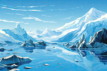 A majestic and imposing glacier with a clear blue sky. (Illustration, Drawing)