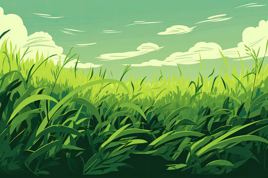 A field of grass, with its lush blades and vibrant green color (Illustration, Drawing)