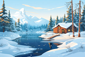 Cabin in snowy forest with frozen lake (Illustration, Drawing)