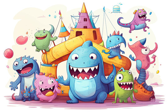 Cute and colorful monsters playing in playground. (Illustration, Drawing)