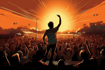 Musician performing on stage in front of packed audience (Illustration, Drawing)