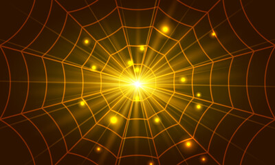 Glowing cobweb bright gold light. golden shine background.