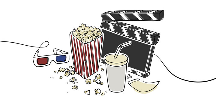 movie night: popcorn, 3d glasses, clapperboard clip art preview