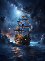 Obraz premium pirate ship sails through the clouds in night sky ai image 