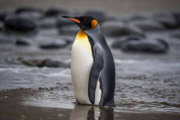 King penguin (Aptenodytes patagonicus) on a beach in the Falkland Islands.