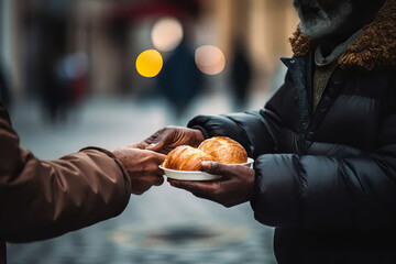 Hands of Compassion Volunteers Extend Generosity, Offering Nutritious Food to a Needy Elderly Homeless Man. A Tale of Donation, Charity, Sharing, Help, and the Essence of Hope. 