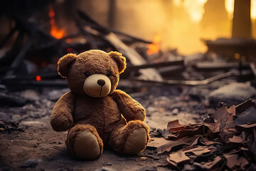 Old Teddy Bear Sits in the Remnants of a House, Symbolizing the Devastation After Conflict, War, Earthquake, or Natural Disaster. Conveying the Heartbreaking Concept of Child Poverty. 