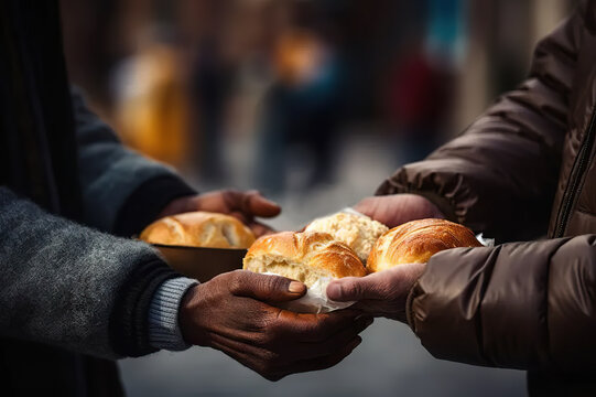 Hands of Compassion Volunteers Extend Generosity, Offering Nutritious Food to a Needy Elderly Homeless Man. A Tale of Donation, Charity, Sharing, Help, and the Essence of Hope. 