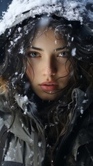 Young beautiful woman wearing the winter jacket with hood standing under falling snow during blizzard