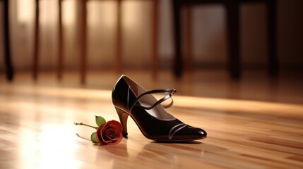 Elegant Argentine Tango Shoes and Rose on Wooden Floor for Passionate Dancers in Open Space
